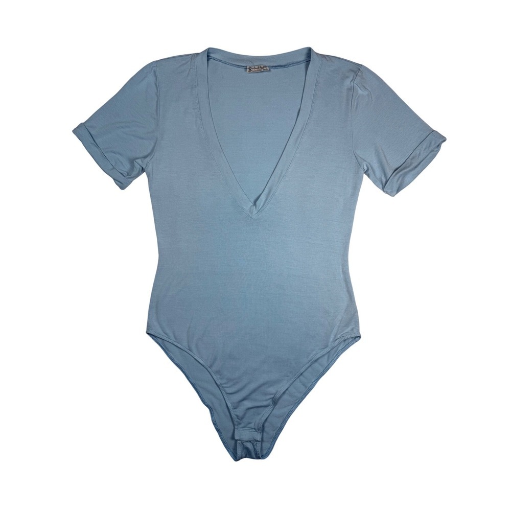 FREE PEOPLE Oh Me Oh My T-Shirt Bodysuit Blue Rolled Sleeve Deep V-Neck, Size S - Picture 2 of 8